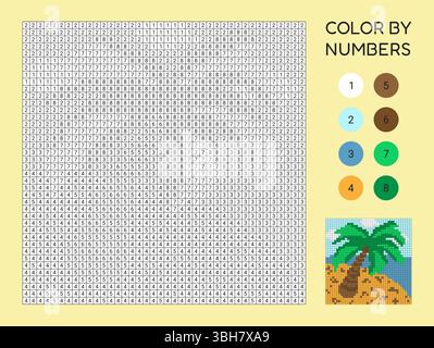 Puzzle vettoriale per bambini, colorato per numeri con palma. Divertente gioco di colorazione e conteggio, foglio di lavoro stampabile per i bambini. Illustrazione Vettoriale