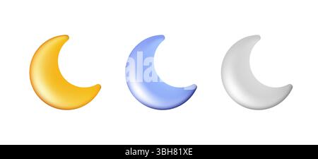 Tre lune lucide a mezzaluna sono visualizzate nei colori oro, blu e argento su sfondo bianco, creando un'immagine semplice ma visivamente accattivante Illustrazione Vettoriale