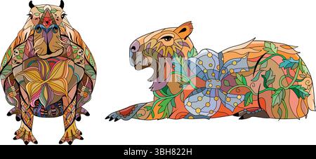 Zentangle Capybaras per il design di t-shirt, tatuaggi e altre decorazioni Illustrazione Vettoriale