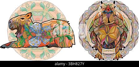 Zentangle Capybaras per il design di t-shirt, tatuaggi e altre decorazioni Illustrazione Vettoriale