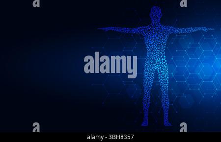 Illustrazione vettoriale del corpo umano con DNA delle molecole strutturali. Concetto e idea per la medicina, la medicina sanitaria, la scienza e la tecnologia Illustrazione Vettoriale