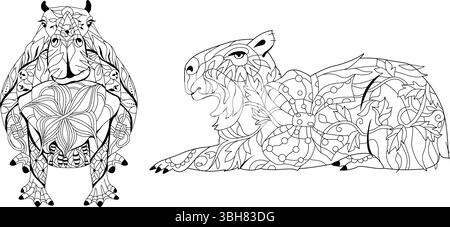 Lo zentangle Capybaras è progettato per colorare libri, per creare t-shirt, tatuaggi e altre decorazioni Illustrazione Vettoriale