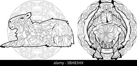 Lo zentangle Capybaras è progettato per colorare libri, per creare t-shirt, tatuaggi e altre decorazioni Illustrazione Vettoriale
