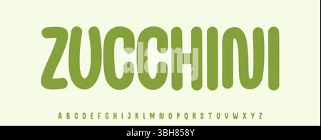 Lettere estive zucchine, alfabeto colorato gioioso cartoni animati, font giocoso arrotondato per un titolo di prodotto fresco per bambini, logo amichevole. Puericultura Illustrazione Vettoriale