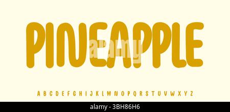 Frutta multipla estiva, scritta ananas, alfabeto allegro cartoni animati, font giocoso arrotondato per un titolo di prodotto fresco, logo amichevole. Puericultura Illustrazione Vettoriale