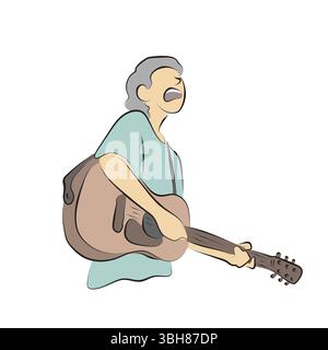 Giovane che suona la chitarra acustica e canta il vettore grafico disegnato a mano con linee nere isolate su sfondo bianco. Illustrazione Vettoriale