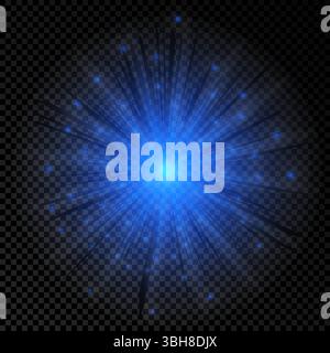 Effetto luminoso dei brillamenti dell'obiettivo. Le luci blu brillano con effetti esplosivi su uno sfondo trasparente. Illustrazione vettoriale Illustrazione Vettoriale