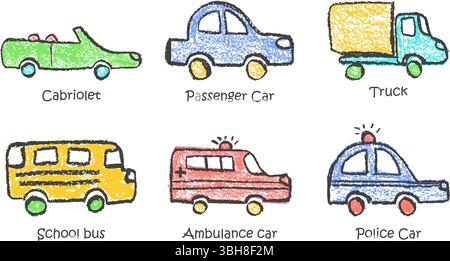 Set vettoriale colorato di veicoli disegnati con pastelli, tra cui polizia, autovetture, ambulanza, camion, cabriolet, e lo scuolabus. Cera di scoiattoli pastello con Illustrazione Vettoriale