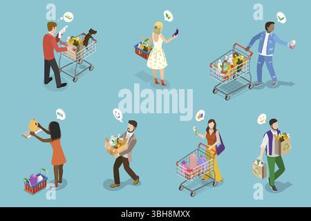 Illustrazione piatta isometrica 3D di Happy Shoppers, persone che si divertono in un centro commerciale o in un negozio di alimentari Foto Stock