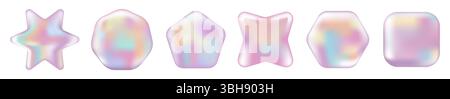 Set di ockup ologramma rosa 3D, adesivi, etichette, timbri di forme diverse. Badge cromato astratto, certificato e coupon in stile Y2K isolati su sfondo bianco. Illustrazione Vettoriale