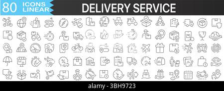 Set di icone della linea Delivery Service e Logistics per spedizioni, Corriere, magazzino, trasporto globale ed e-commerce. eps 10 completamente modificabile. Illustrazione Vettoriale