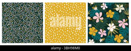 Set di fantasie senza cuciture collage con motivi floreali e a pois contemporanei. Design moderno ed esotico per carta, copertina, tessuto, arredamento e altri utenti Illustrazione Vettoriale
