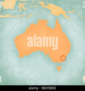 Territorio della capitale Australiana sulla mappa dell'Australia in morbido grunge e stile vintage, come carta vecchia con pittura ad acquerello. Foto Stock