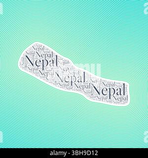 Forma del Nepal formata dal nome del paese in più lingue. Confine con il Nepal su elegante sfondo sfumato a righe. Poster vibrante. Illustrazione Vettoriale