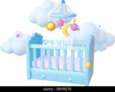 Concetto di baby shower. Elementi 3d per neonati, culla, mobile con giocattoli e nuvole. Design da cartolina di congratulazioni, oggetti vettoriali realistici per bambini Illustrazione Vettoriale