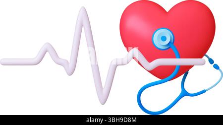 Concetto 3d medicale. Cardiologia, linea del ritmo cardiaco, cuore rosso e stetoscopio. Elementi sanitari in plastica realistici isolati, design vettoriale Illustrazione Vettoriale