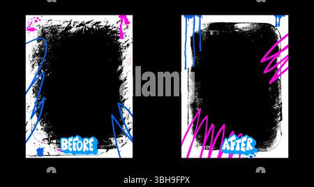 Prima e dopo il modello punk. Cornici Graffiti per il confronto delle foto. Bordi di layout da competizione con colori grunge vivaci. Vuoto vs challe Illustrazione Vettoriale