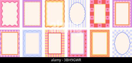 Telai geometrici per scarabocchi. Cornice con bordi ondulati, banner o copertine in stile pop art retrò. Forme curve e luminose cartoline modelli vettoriali Illustrazione Vettoriale