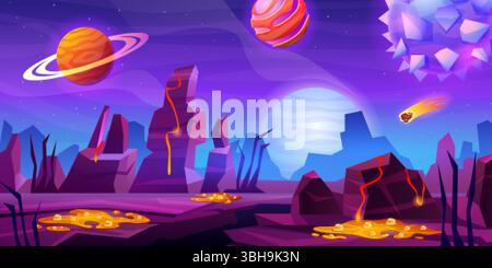 Superficie del pianeta alieno. Cartoon Planets game landscape in Outspace background, fantasy Earth Cosmos 2d videogioco Universe scene astronomiche a livello di gioco, stravaganti disegni vettoriali originali Illustrazione Vettoriale