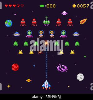 Gioco degli invasori spaziali. Spaceship Battle, videogioco retrò computer, schermo di una macchina arcade d'epoca, nave invasore alieno, 8 bit, pixel art, geek videogame, stravagante illustrazione vettoriale, grafica originale Illustrazione Vettoriale