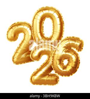 Numeri palloncini in lamina d'oro che formano 2026 su un semplice sfondo bianco, che rappresenta il nuovo anno con temi festivi e festivi in un malato vettoriale Illustrazione Vettoriale