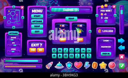 interfaccia utente del gioco spaziale Cartoon. interfaccia galassia per videogame 2d, elementi del kit di gioco per app mobile alien adventure, pannello dei pulsanti cornice del menu gui, design della tavola spaziale, illustrazione vettoriale originale Illustrazione Vettoriale
