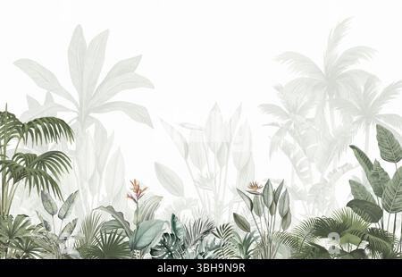 Sfondo tropicale in scala di grigi sottile: Palme delicate e design a foliera per interni Foto Stock