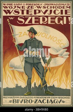 Poster del periodo della guerra polacco-bolscevica: "Siamo in guerra con l'Oriente”. Poster vintage Polish Political Propaganda, 1919. Opera di Kajetan Stefanowicz Foto Stock