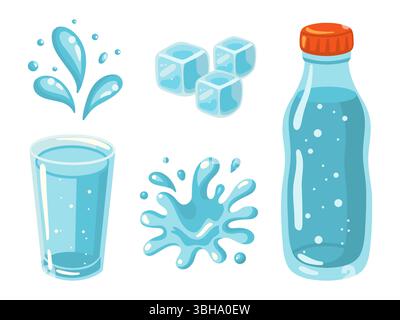 Set di elementi dell'acqua, tra cui spruzzi, gocce, cubetti di ghiaccio, vetro e bottiglia. Illustrazione vettoriale isolata in stile cartone animato Illustrazione Vettoriale
