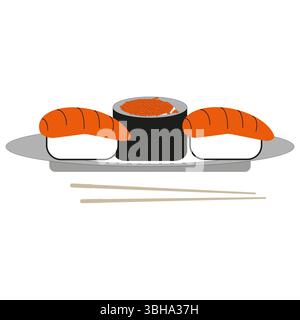 Vettore di cibo per sushi. Coppia di nigiri di salmone. Icona rotolo di riso. Portata grigia. Illustrazione Vettoriale