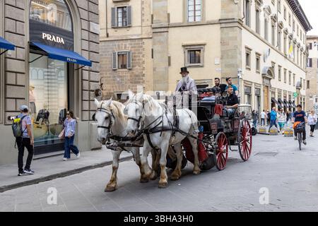Firenze, Italia - 10 maggio 2025: Carrozza trainata da cavalli con turisti nel centro storico di Firenze Foto Stock