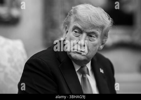 Il presidente DEGLI STATI UNITI Donald J. Trump tiene un incontro bilaterale con il cancelliere tedesco Friedrich Merz nell'Ufficio ovale della Casa Bianca il 5 giugno 2025. (USA) Foto Stock
