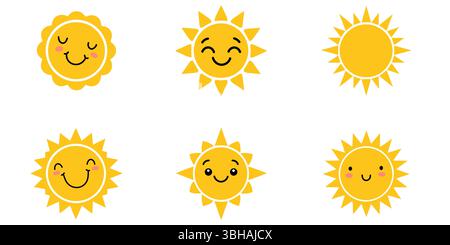 Simpatico set vettoriale di icone DEL SOLE. Divertenti e felici sorrisi soli. Buoni scarabocchi per il tuo progetto. Personaggi cartoni animati luminosi e belli Illustrazione Vettoriale