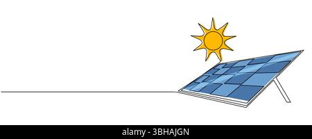 Un disegno a linea continua del pannello solare con sole. Energia pulita verde e risorse rinnovabili in uno stile semplice e lineare. Traccia modificabile. Vettore Doodle Illustrazione Vettoriale