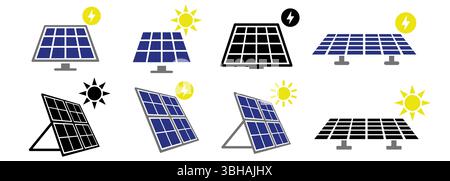Set di icone dei pannelli solari. energia solare piatta semplice per la progettazione di infografiche. Eco , Solar Farm, creazione e costruzione sicure, sicurezza batteria, Vector ill Illustrazione Vettoriale