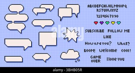 Set di fumetti di pixel art con frasi di gioco retrò e carattere: Finestre di dialogo, palloncini di chat, nuvole di pensiero con testo. elementi di comunicazione a 8 bit per sovrapposizione streaming, social media, interfaccia di gioco Illustrazione Vettoriale