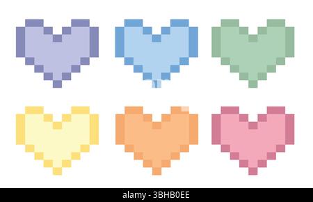 Set di icone colorate a forma di cuore pixel Illustrazione Vettoriale