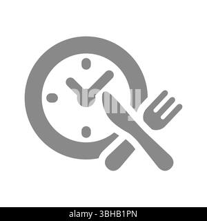 Regime alimentare e tempismo, orologio con forchetta e coltello. Programma dietetico, regime alimentare e icona del vettore di digiuno. Illustrazione Vettoriale