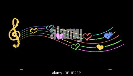 Chiave musicale con linee di pastello e cuori. Simpatici cartelli a carbone disegnati a mano con texture timbro, musica sottolineata e cuori dai vivaci colori dell'asilo Illustrazione Vettoriale