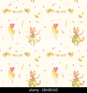 Acquerello senza cuciture, disegnato a mano, delicato motivo giallo con volpi, uccelli, palloncini, bandiere e coriandoli Foto Stock