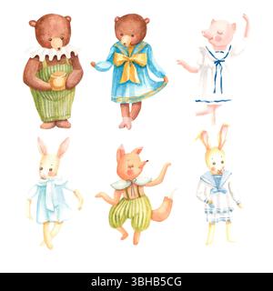 Set di acquerelli disegnati a mano con animali in abiti vintage Foto Stock