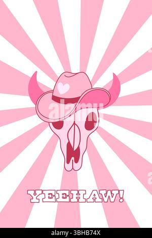 Teschio di mucca rosa con cappello da cowboy con accento cardiaco, testo Yeehaw. Vivaci atmosfere western per un design divertente e uno stile selvaggio. Illustrazione Vettoriale