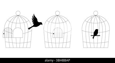Illustrazione grafica della linea Doodle di gabbie di uccelli set disegnato a mano collezione di gabbie metalliche per uccelli di forme e dimensioni diverse arredamento vettoriale per la casa degli animali domestici Illustrazione Vettoriale