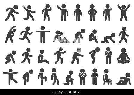 Collezione di icone dell'uomo, sagome delle persone, varie posture umane. Immagine illustrativa di Stick MAN Vector. Isolato su sfondo bianco. Illustrazione Vettoriale