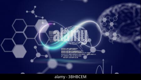 Immagine dell'infinito neon sul cervello, formule chimiche e dati sullo sfondo della marina. Rete globale, scienza, dati e concetto tecnologico genere digitale Foto Stock