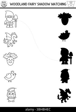 L'ombra bianca e nera delle fate del bosco si abbina all'attività della creatura fantasy. Puzzle magico della foresta con uccello, nano. Trovare la silhouette corretta stampabile Illustrazione Vettoriale