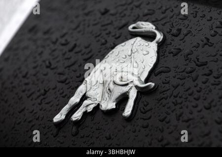 Novi Sad, Serbia - 21 maggio 2025: Logo Lamborghini Tractor alla 92a fiera agricola. La Lamborghini trattori è un'azienda italiana produttrice di macchine agricole Foto Stock