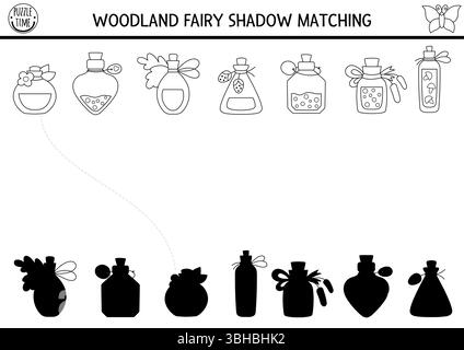 L'ombra bianca e nera delle fate del bosco si abbina all'attività della pozione magica. Puzzle Fantasy Forest con bacche, fiori, elisir d'amore. Trovare la sagoma corretta Illustrazione Vettoriale