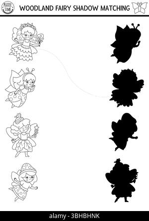 L'ombra bianca e nera delle fate del bosco si abbina all'attività della ragazza. Puzzle magico della foresta con la principessa delle ghiande. Trova il workshee stampabile della silhouette corretto Illustrazione Vettoriale