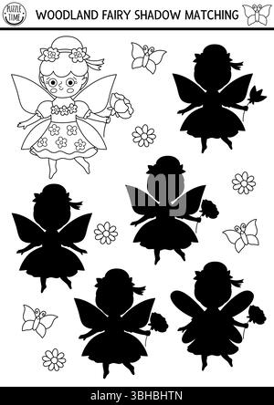 L'ombra bianca e nera delle fate del bosco si abbina all'attività della ragazza. Puzzle magico della foresta con la principessa dei fiori. Trova il lavoro stampabile della silhouette corretto Illustrazione Vettoriale